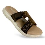 Comfortable women's flat sandals wholesale featuring a contoured footbed and a studded wide upper strap.
