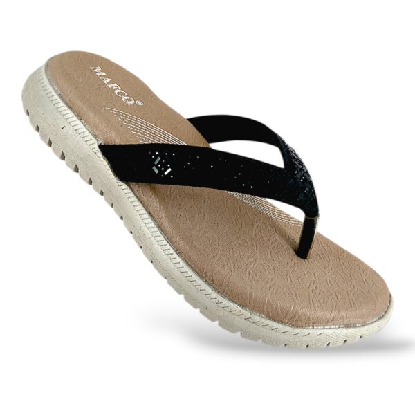 Women's flat sandals wholesale featuring a textured footbed, decorated thong straps, and a durable textured outsole.