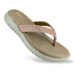 Women's flat sandals wholesale featuring a textured footbed, decorated thong straps, and a durable textured outsole.