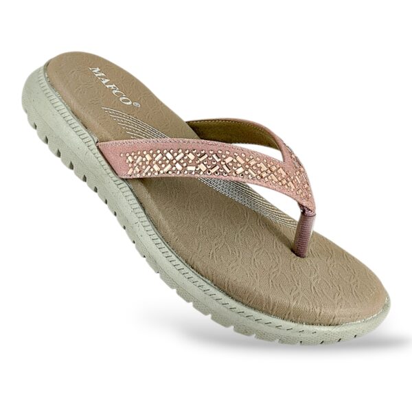 Women's flat sandals wholesale featuring a textured footbed, decorated thong straps, and a durable textured outsole.