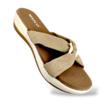 Women's wedge sandals wholesale with a textured crossover strap and durable wedge heel sole.