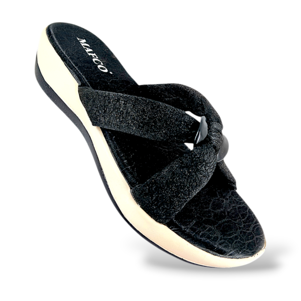Women's wedge sandals wholesale with a textured crossover strap and durable wedge heel sole.
