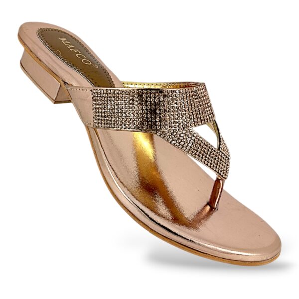 Women's block heel sandals wholesale featuring a low block heel and rhinestone-embellished toe-loop straps.