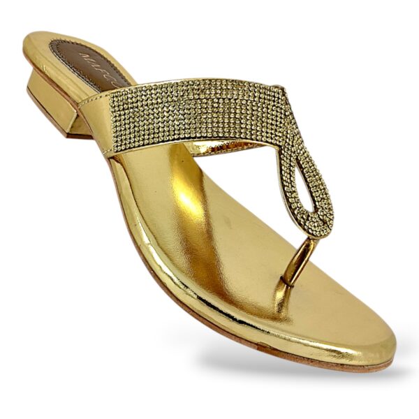 Elegant women's heel sandals wholesale featuring an embellished upper strap with rhinestones and a sturdy low heel.