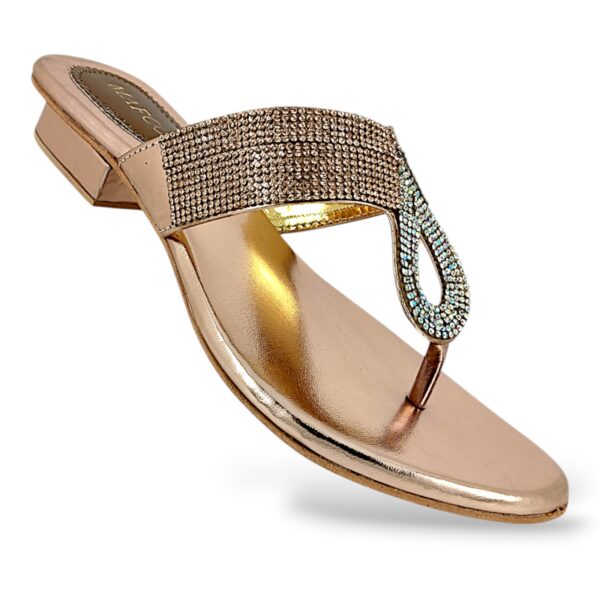 Elegant women's heel sandals wholesale featuring an embellished upper strap with rhinestones and a sturdy low heel.