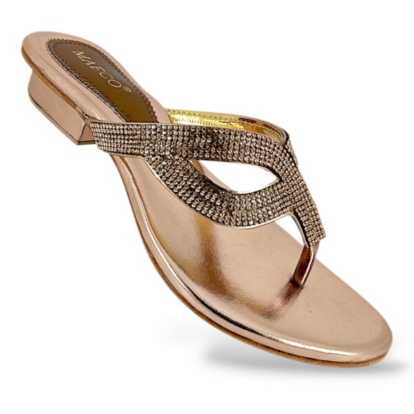 Elegant women's low heel sandals wholesale featuring a rhinestone-embellished thong strap and a supportive low heel.
