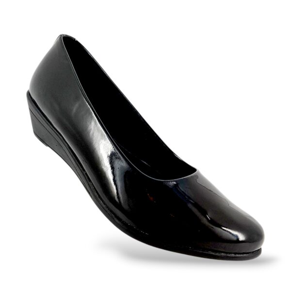 Women's formal wedge shoes wholesale featuring a sleek glossy finish and a supportive wedge heel.